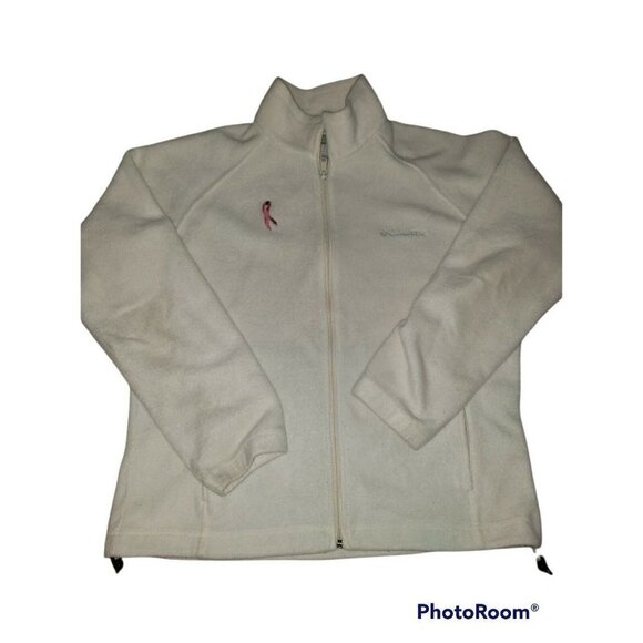 COLUMBIA Women's Fleece Jacket Full Zip Ivory With Breat Cancer Ribbon Large - Picture 1 of 7